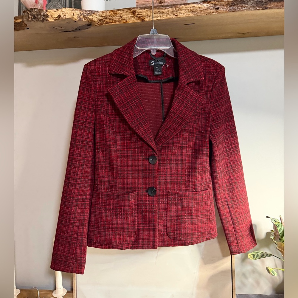 NWT Alison Sheri Red Plaid Blazer with gold thread accents